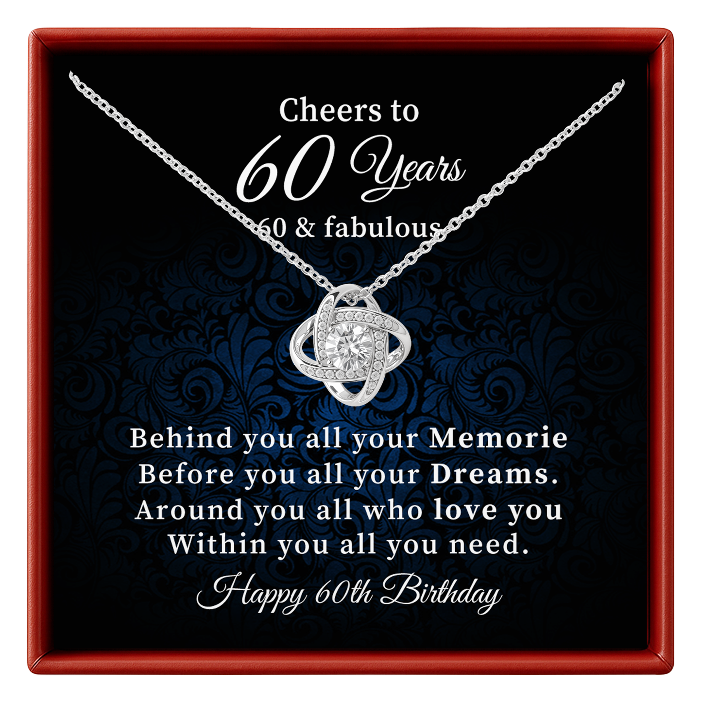 A silver necklace with a heart-shaped pendant is displayed inside a red gift box. The necklace is presented on a black background with blue damask pattern, featuring a message for a 60th birthday.