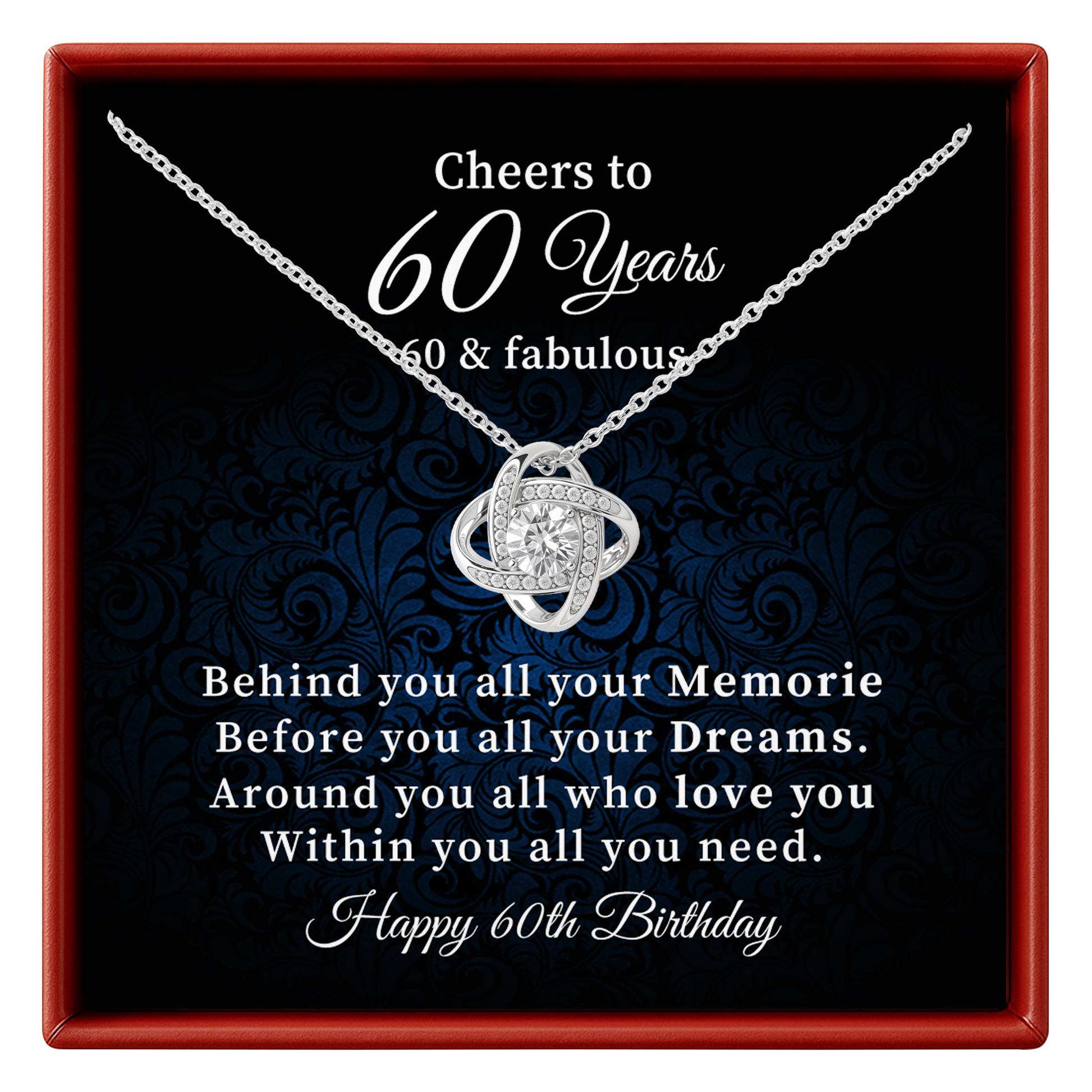 A silver necklace with a heart-shaped pendant is displayed inside a red gift box. The necklace is presented on a black background with blue damask pattern, featuring a message for a 60th birthday.