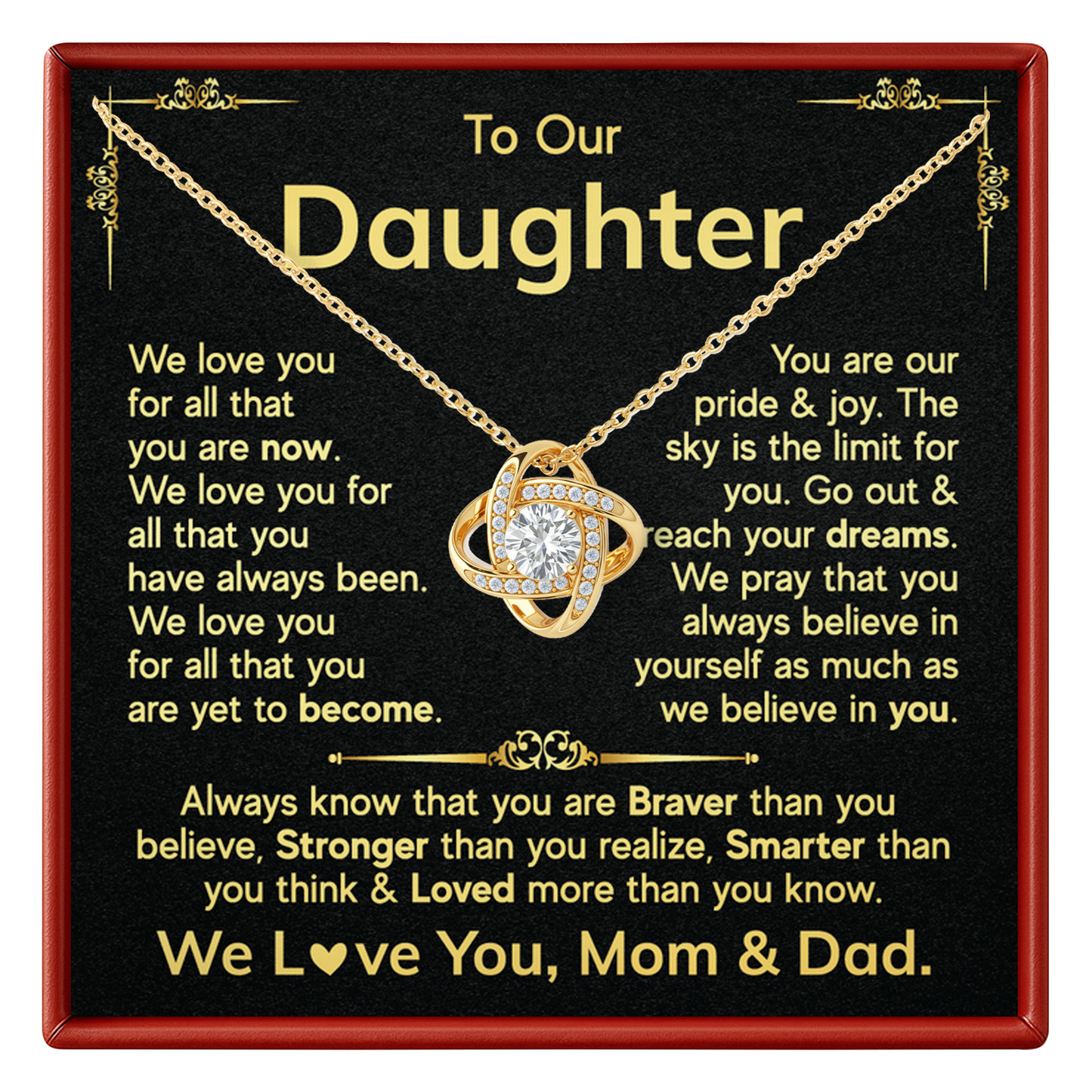 Daughter Love Knot Necklace - Gift from Mom & Dad for Birthday or Graduation