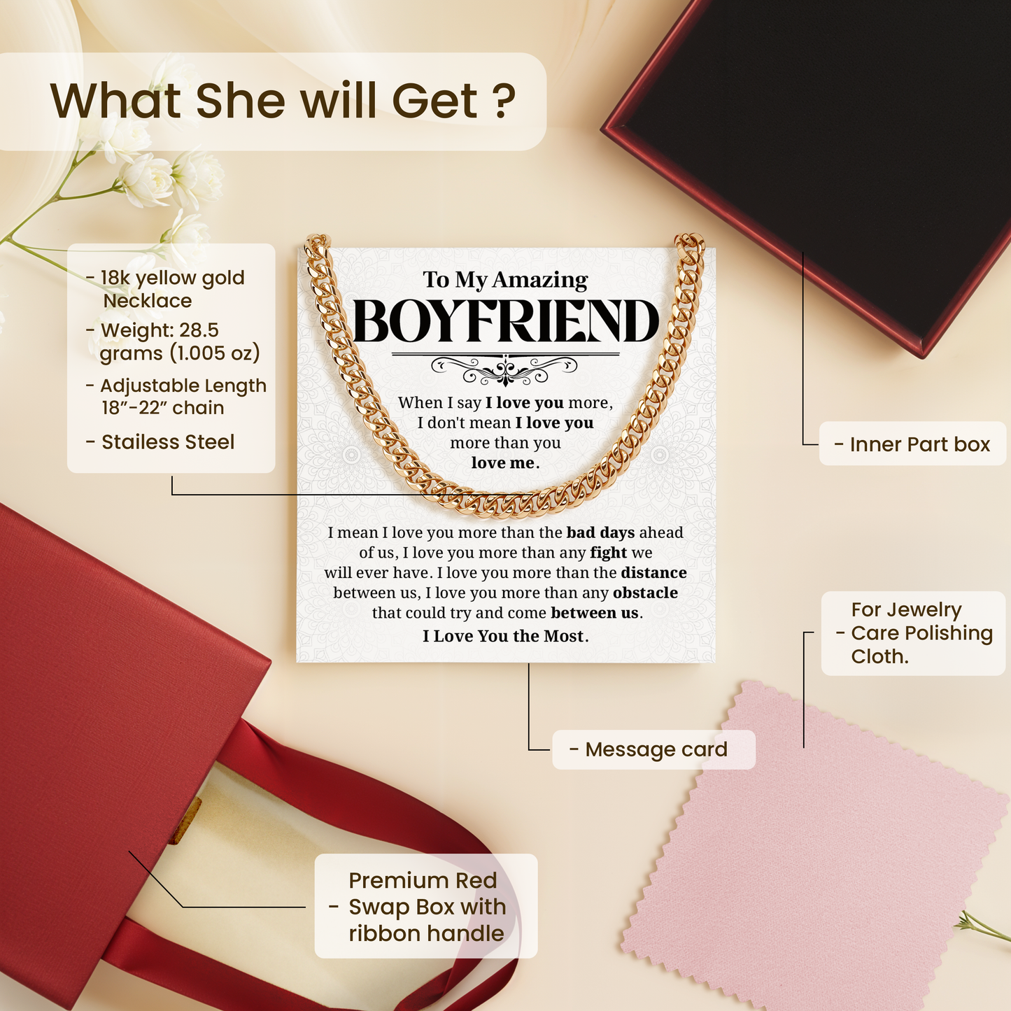 To My Amazing Boyfriend Cuban Link Chain Romantic Gift for Boyfriend, Long Distance Relationship Jewelry, Meaningful Gift for Him
