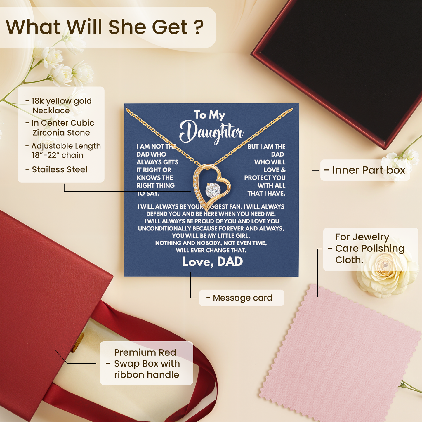 To My Daughter Necklace from Dad Pendant with Emotional Message Card Birthday, Christmas Gift
