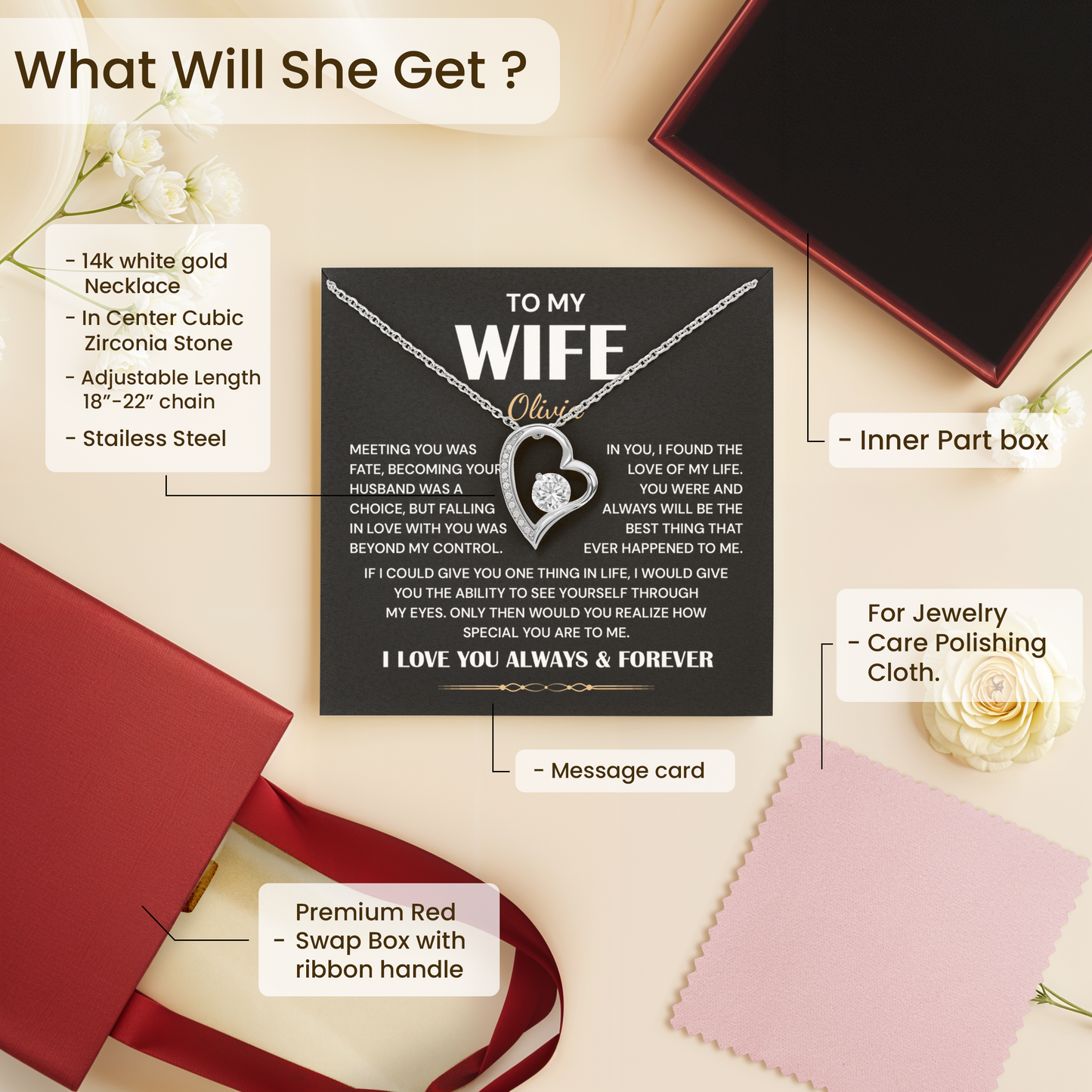 To My Wife Heart Necklace - Personalized Name Gift for Wife With Romantic Jewelry