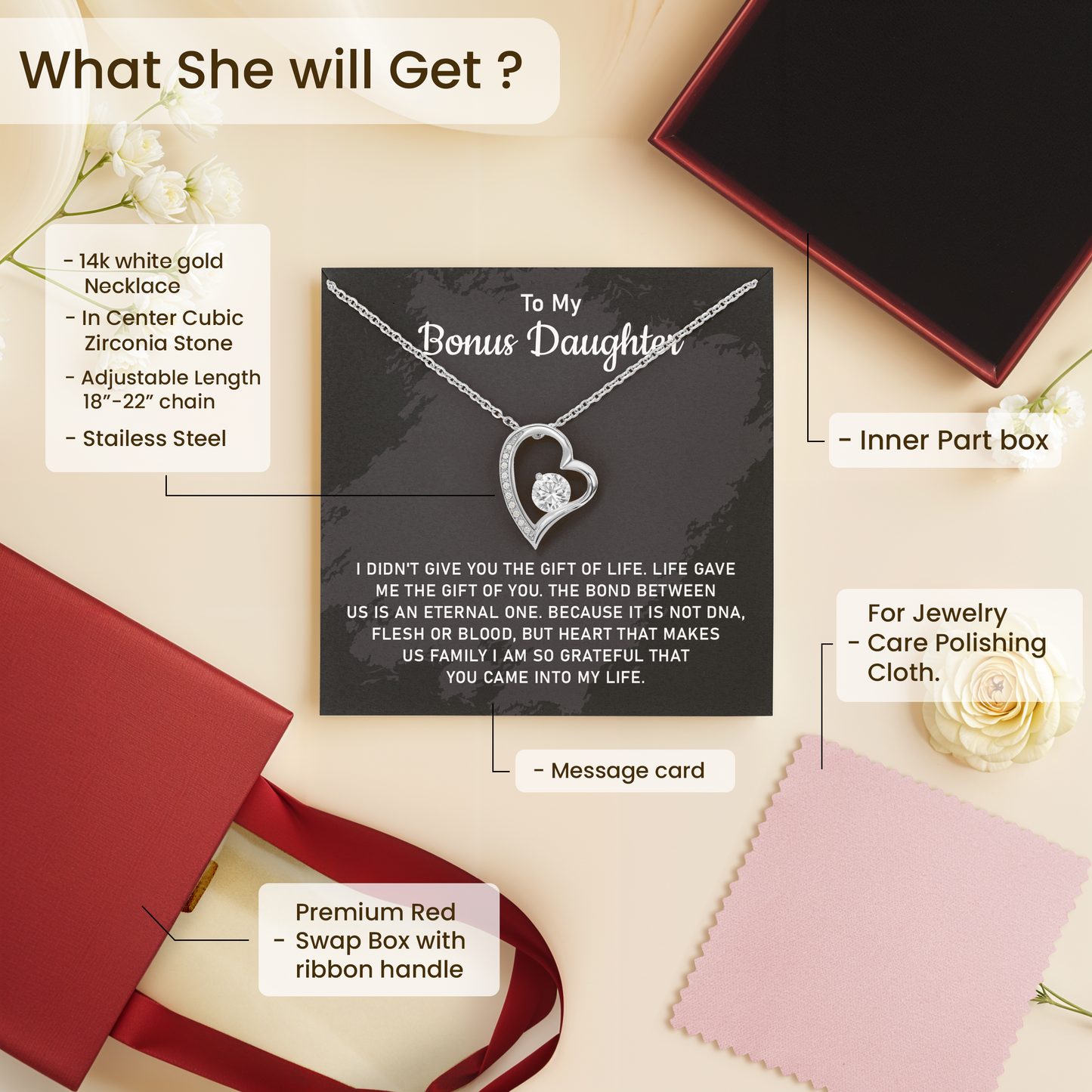 To My Bonus Daughter Heart Necklace Birthday Gift