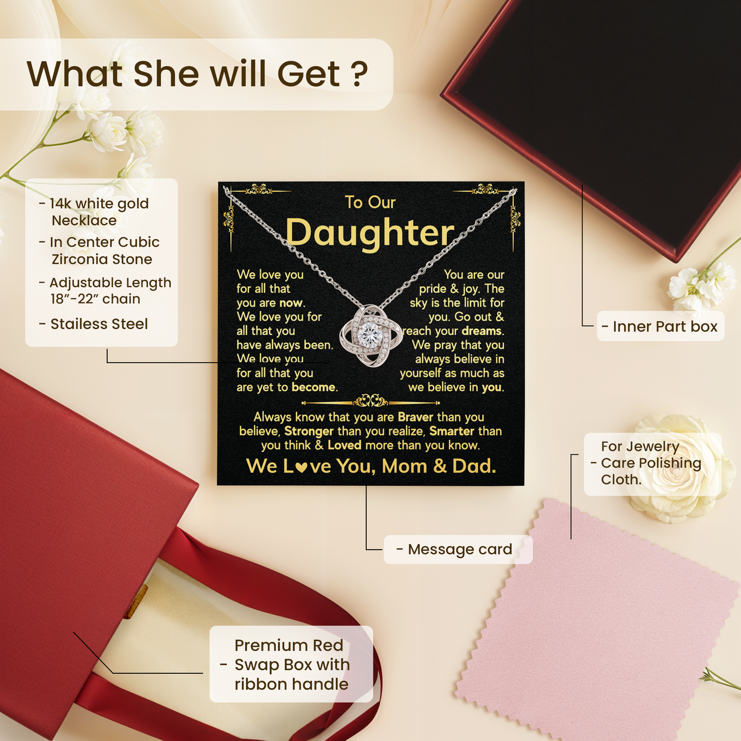 Daughter Love Knot Necklace - Gift from Mom & Dad for Birthday or Graduation