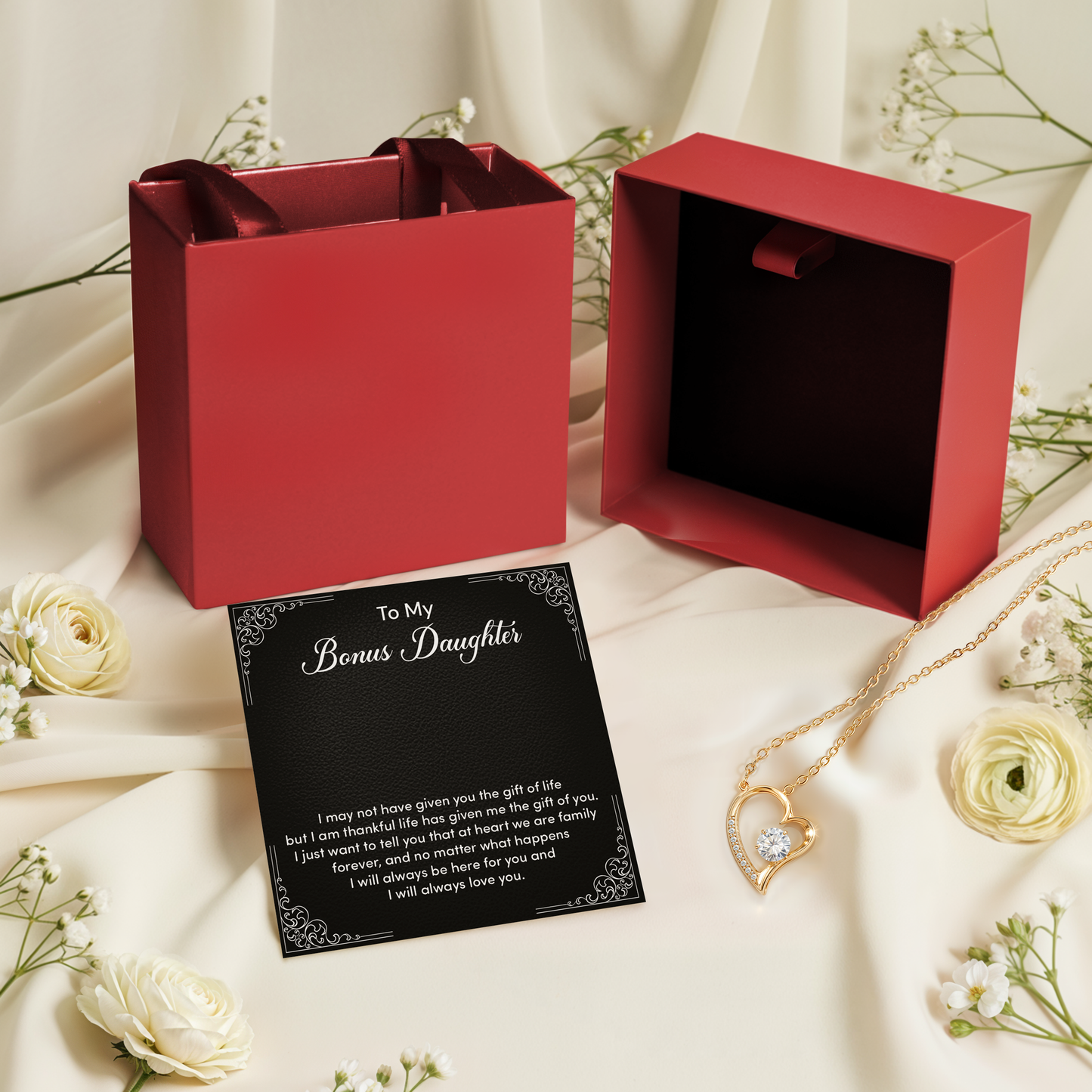 Bonus Daughter Necklace from Stepmom or Stepfather - Heart Shaped Crystal Pendant Gift