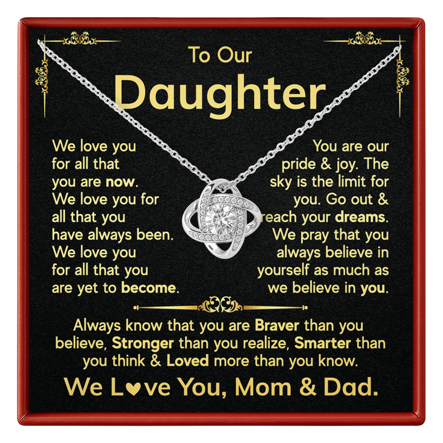 Daughter Love Knot Necklace - Gift from Mom & Dad for Birthday or Graduation