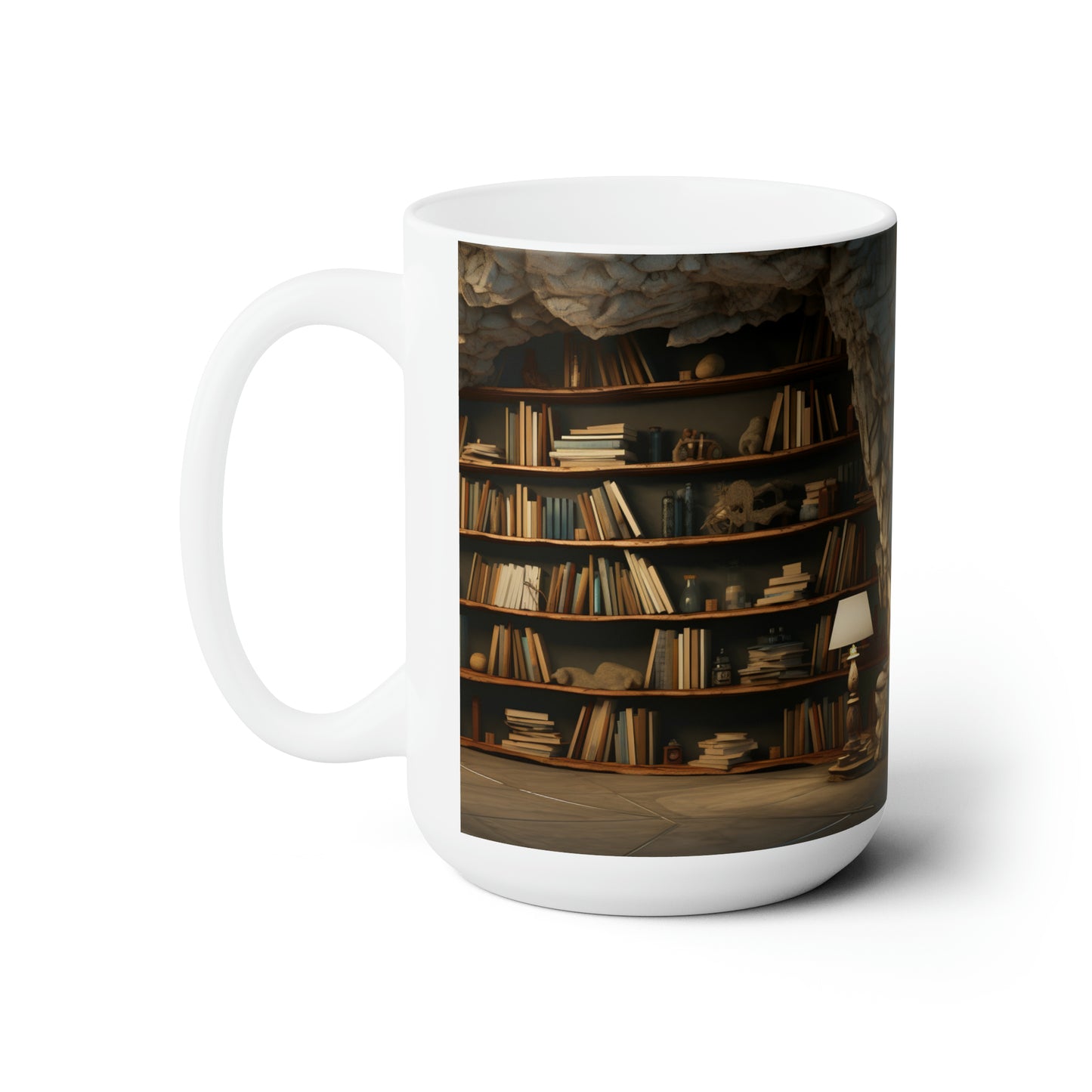 A vintage 3D bookshelf 15oz white Mug