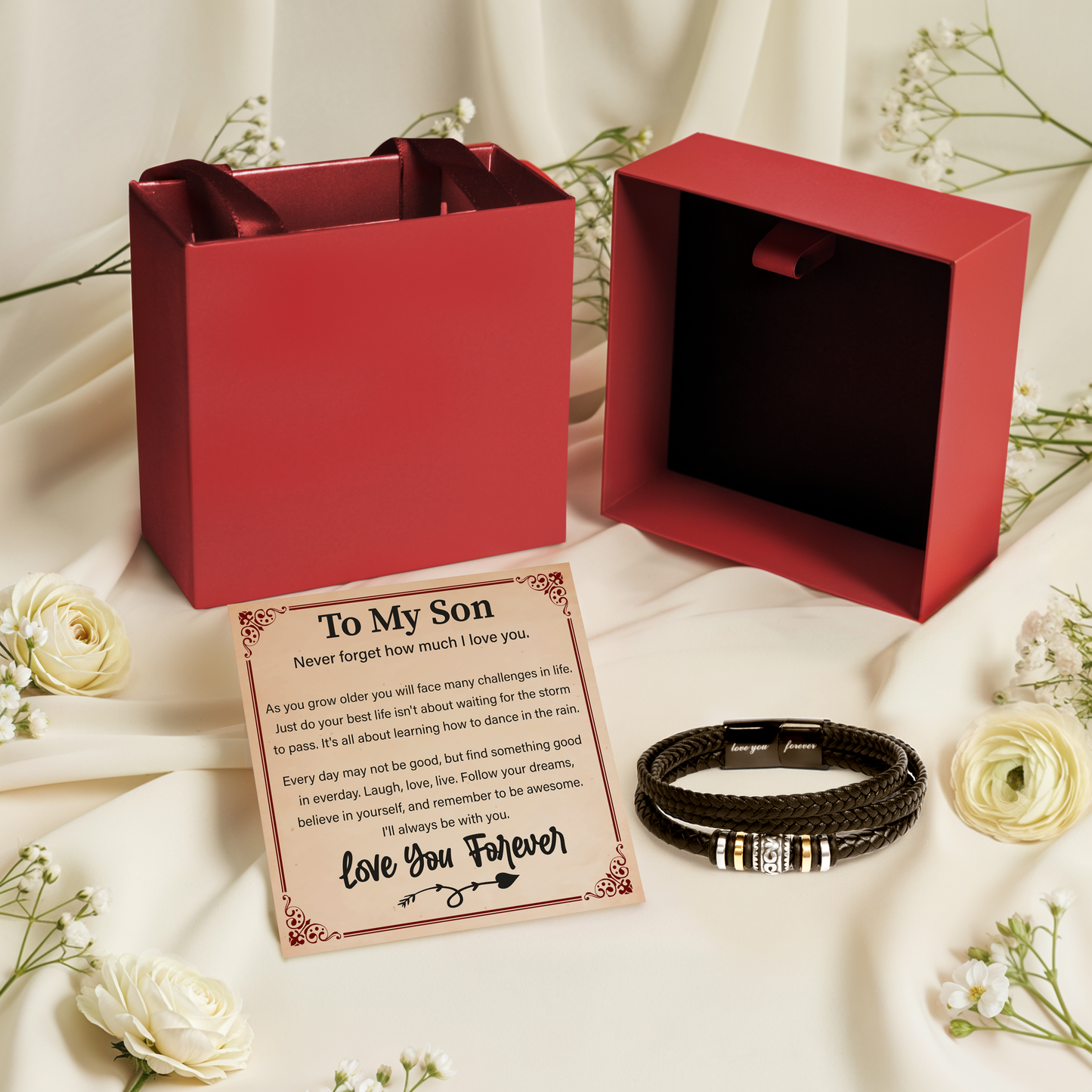 Son Bracelet from Mom Inspirational Leather Bracelet Gift for Son with Encouraging Message Card