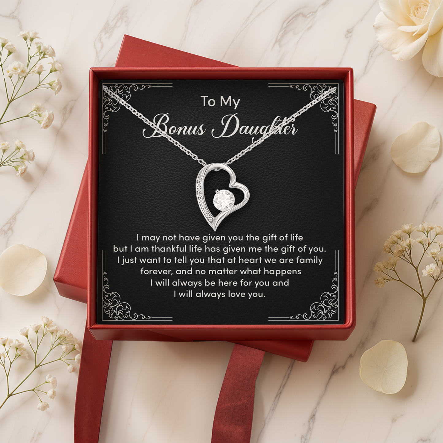 Bonus Daughter Necklace from Stepmom or Stepfather - Heart Shaped Crystal Pendant Gift