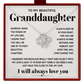 A silver necklace with a heart-shaped pendant set with small clear stones, displayed on a printed gift card addressed to a granddaughter with sentimental text and a red border.