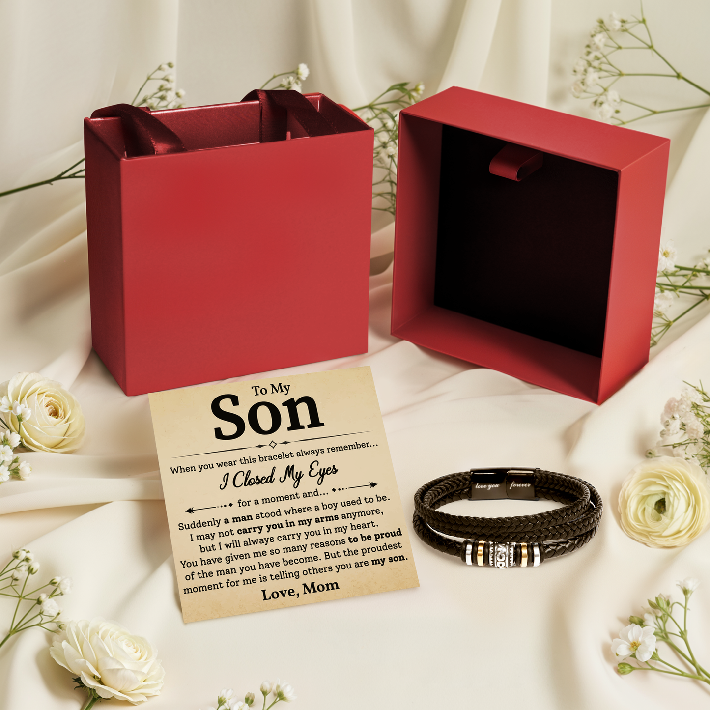 Son Leather Bracelet from Mom on Birthday, Graduation & Christmas Keepsake
