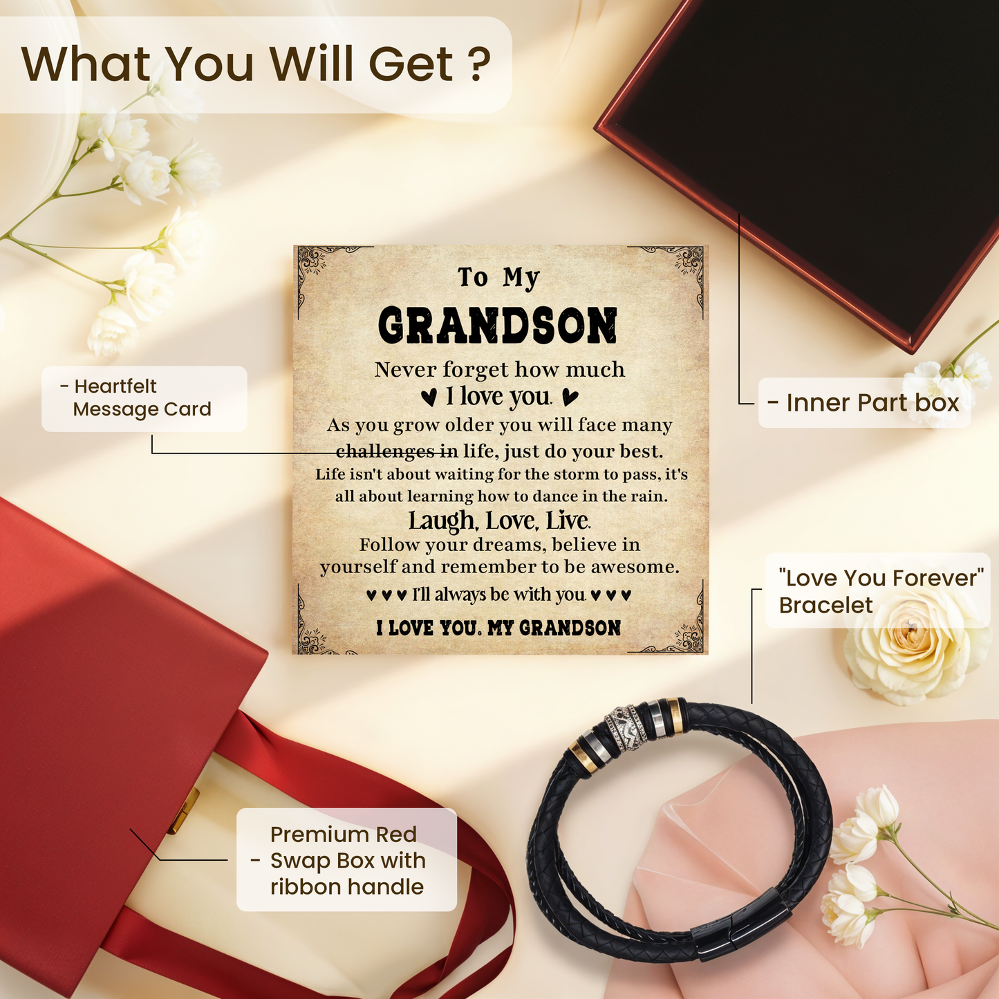 To My Grandson Bracelet Inspirational Leather Bracelet Gift from Grandma or Grandpa