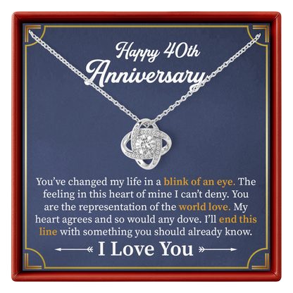 Necklace with a heart-shaped pendant on a card with 'Happy 40th Anniversary' text and romantic message.