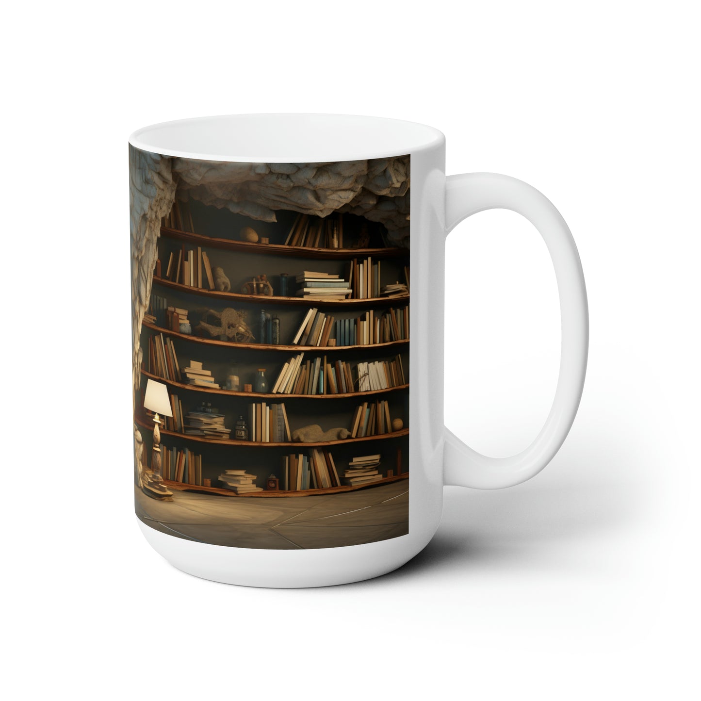 A vintage 3D bookshelf 15oz white Mug