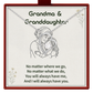 A silver heart-shaped pendant necklace with a clear gemstone, presented on a cream-colored card inside a red gift box. The card is personalized with the text 'Grandma & Granddaughter' and a sentimental quote, featuring a line drawing of the two of hugging.