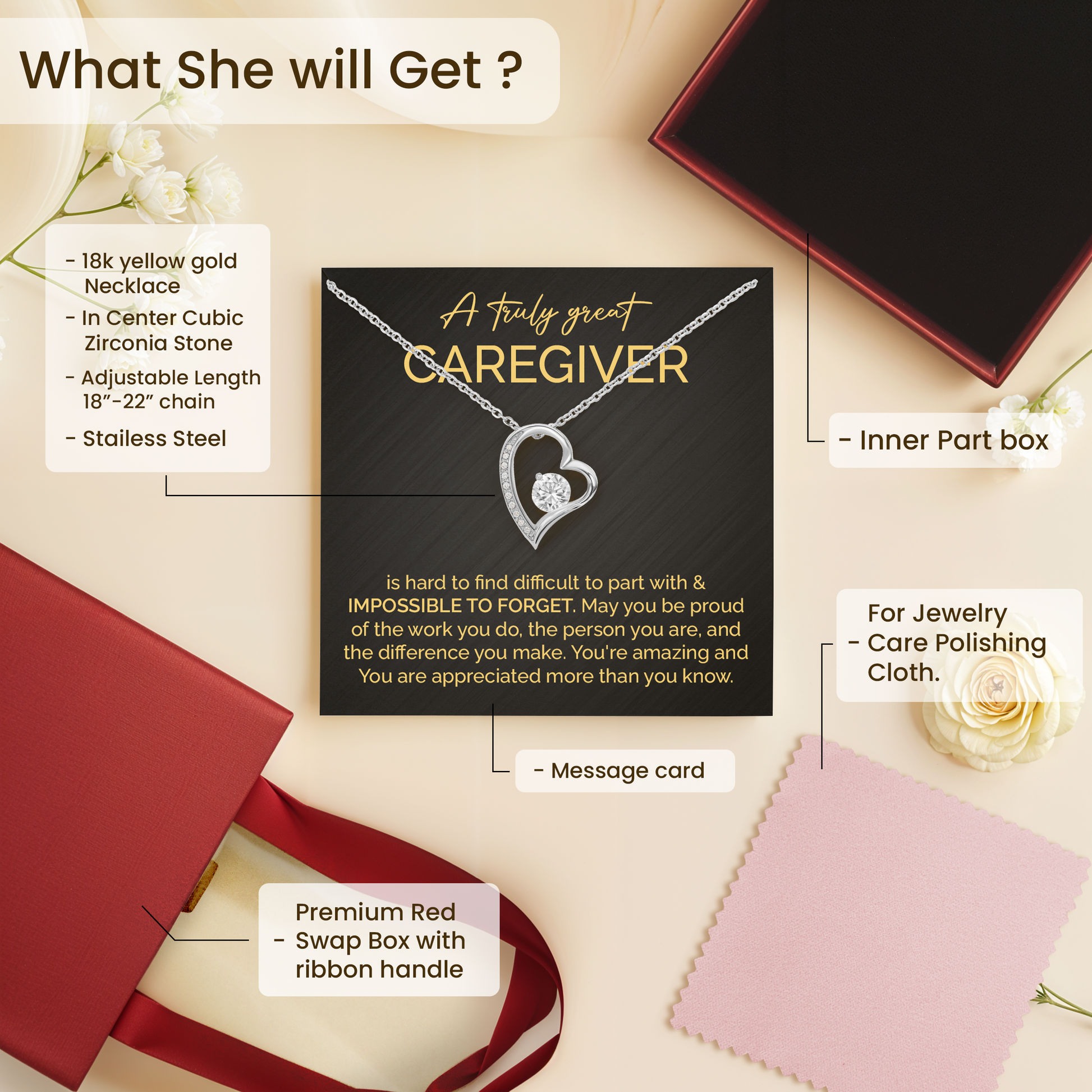 Caregiver Heart Necklace Thank You Gift for Her