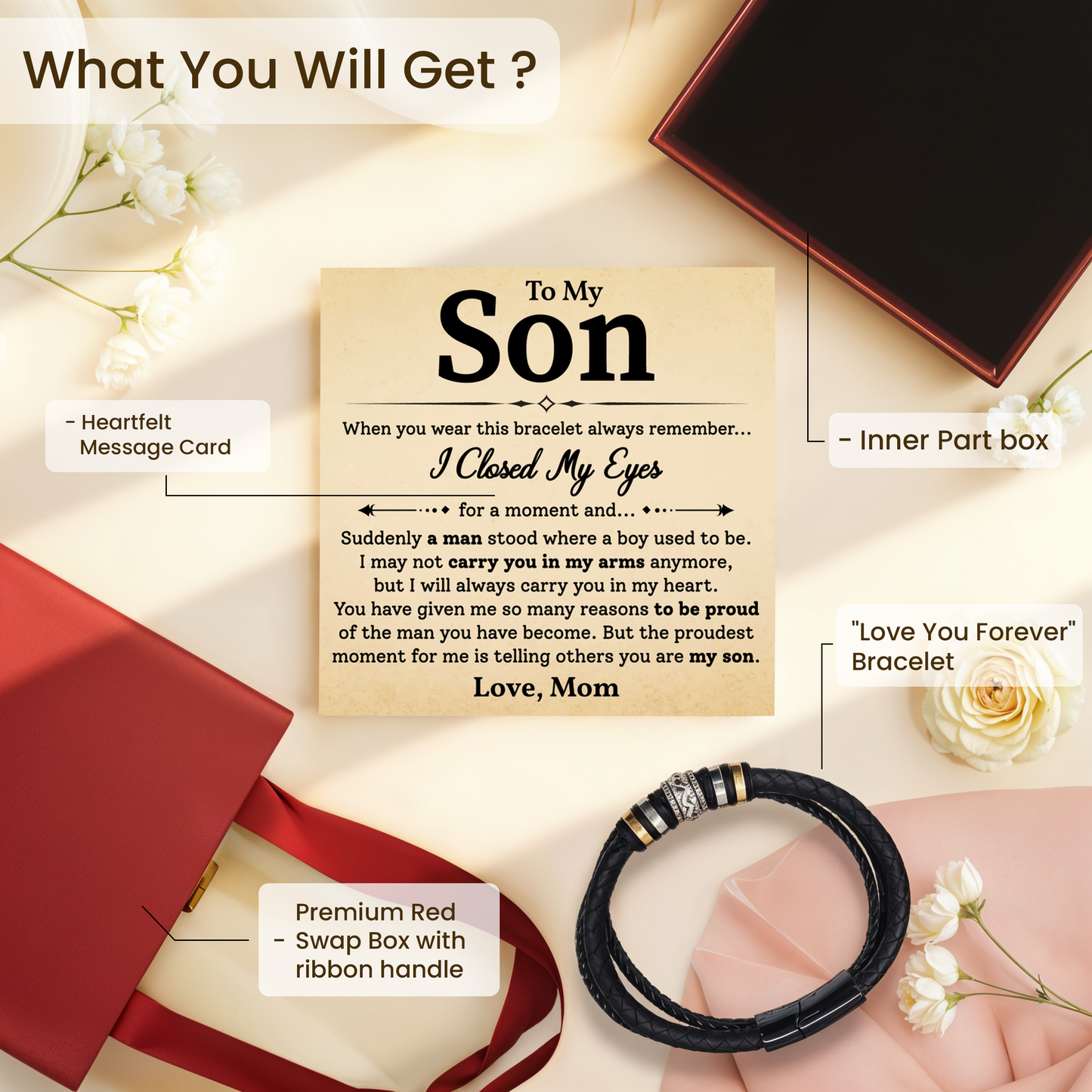 Son Leather Bracelet from Mom on Birthday, Graduation & Christmas Keepsake