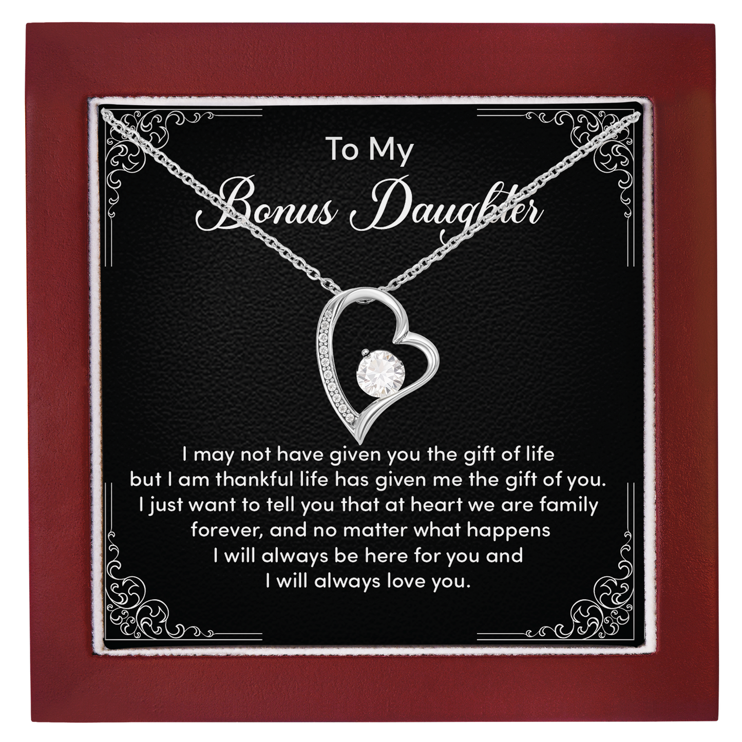 Bonus Daughter Necklace from Stepmom or Stepfather - Heart Shaped Crystal Pendant Gift