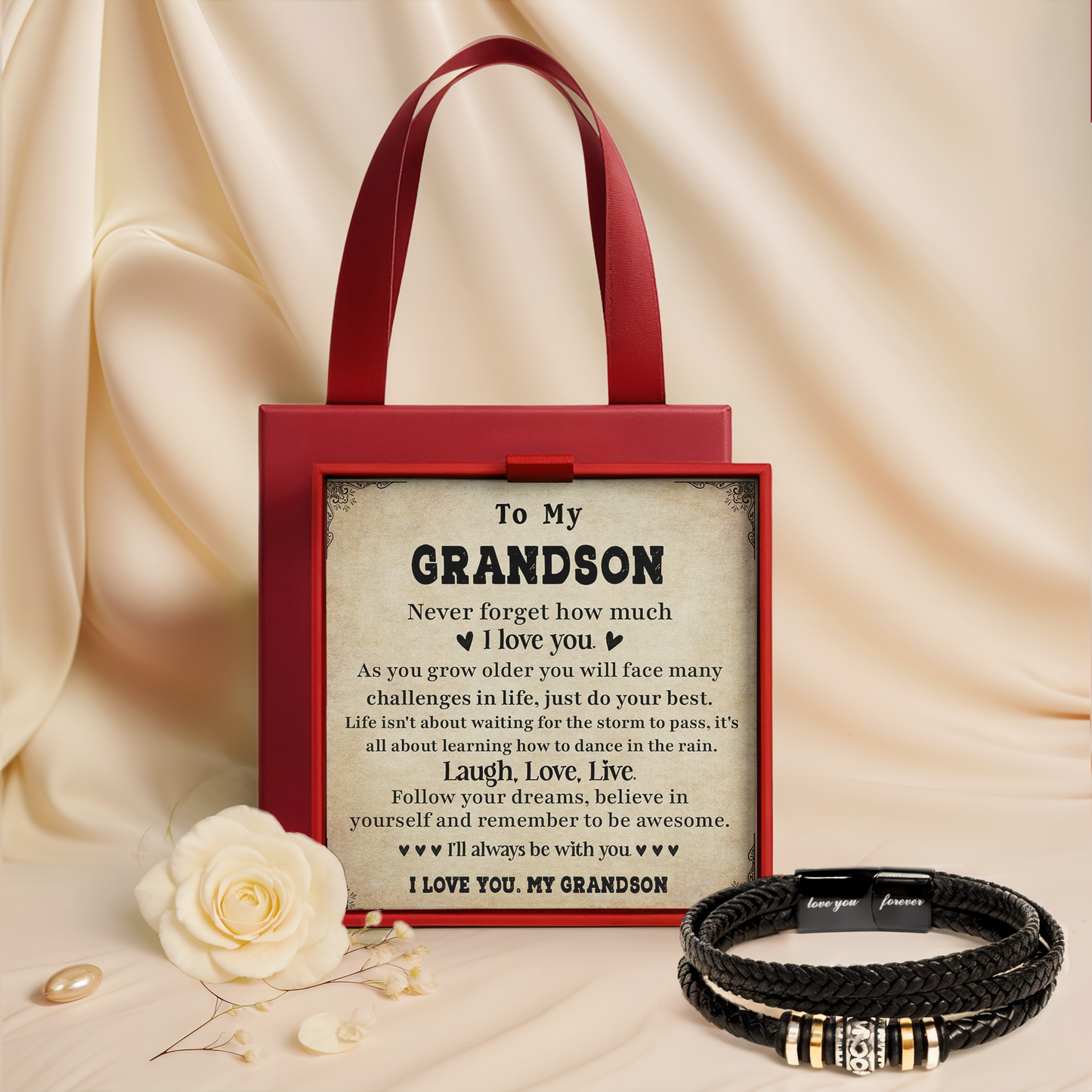 To My Grandson Bracelet Inspirational Leather Bracelet Gift from Grandma or Grandpa