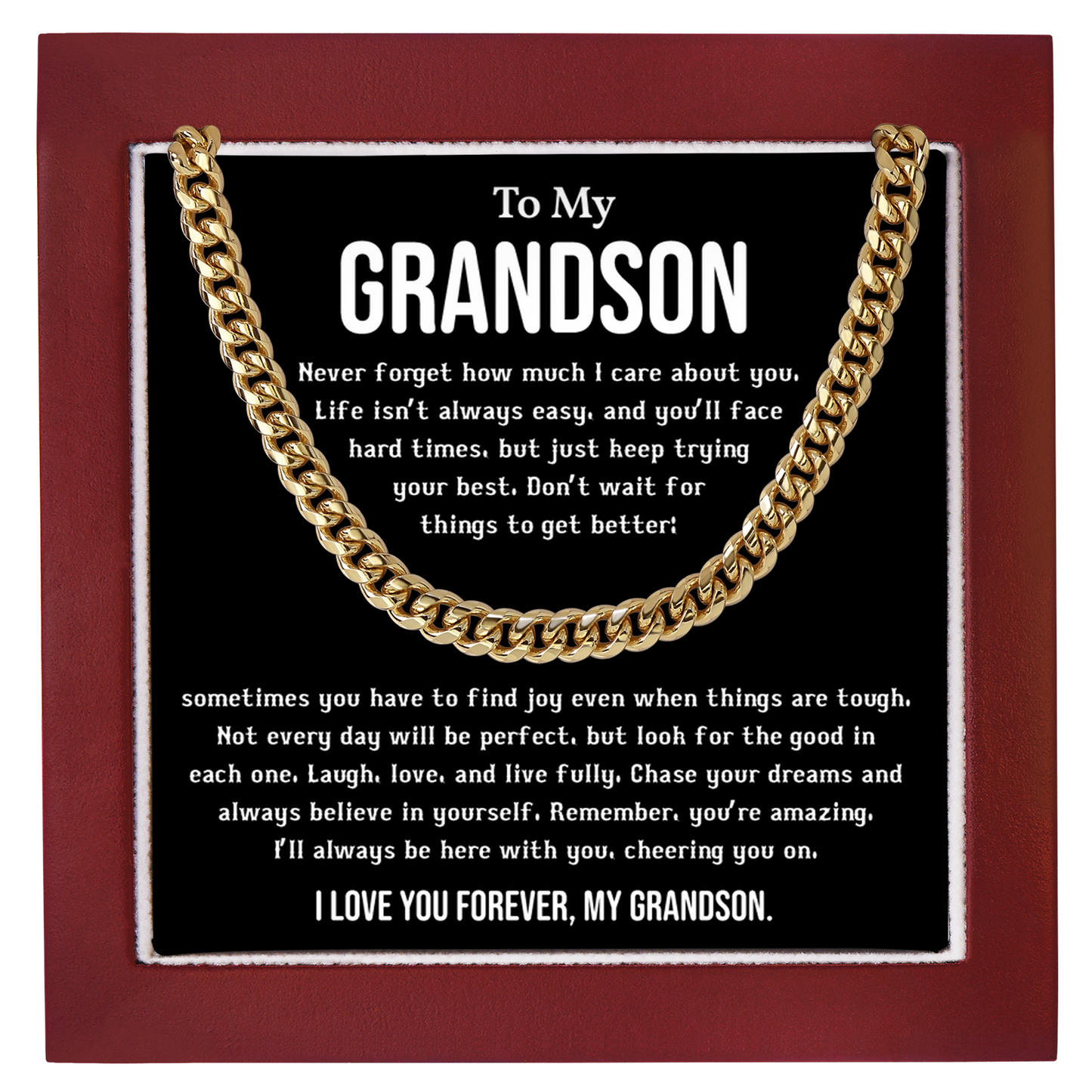To My Grandson Cuban Link Chain Inspirational Gift from Grandma or Grandpa, Motivational Necklace for Him