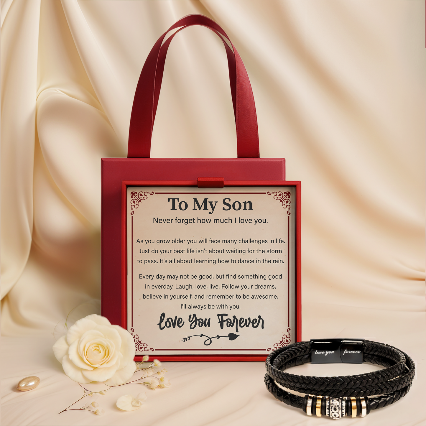 Son Bracelet from Mom Inspirational Leather Bracelet Gift for Son with Encouraging Message Card