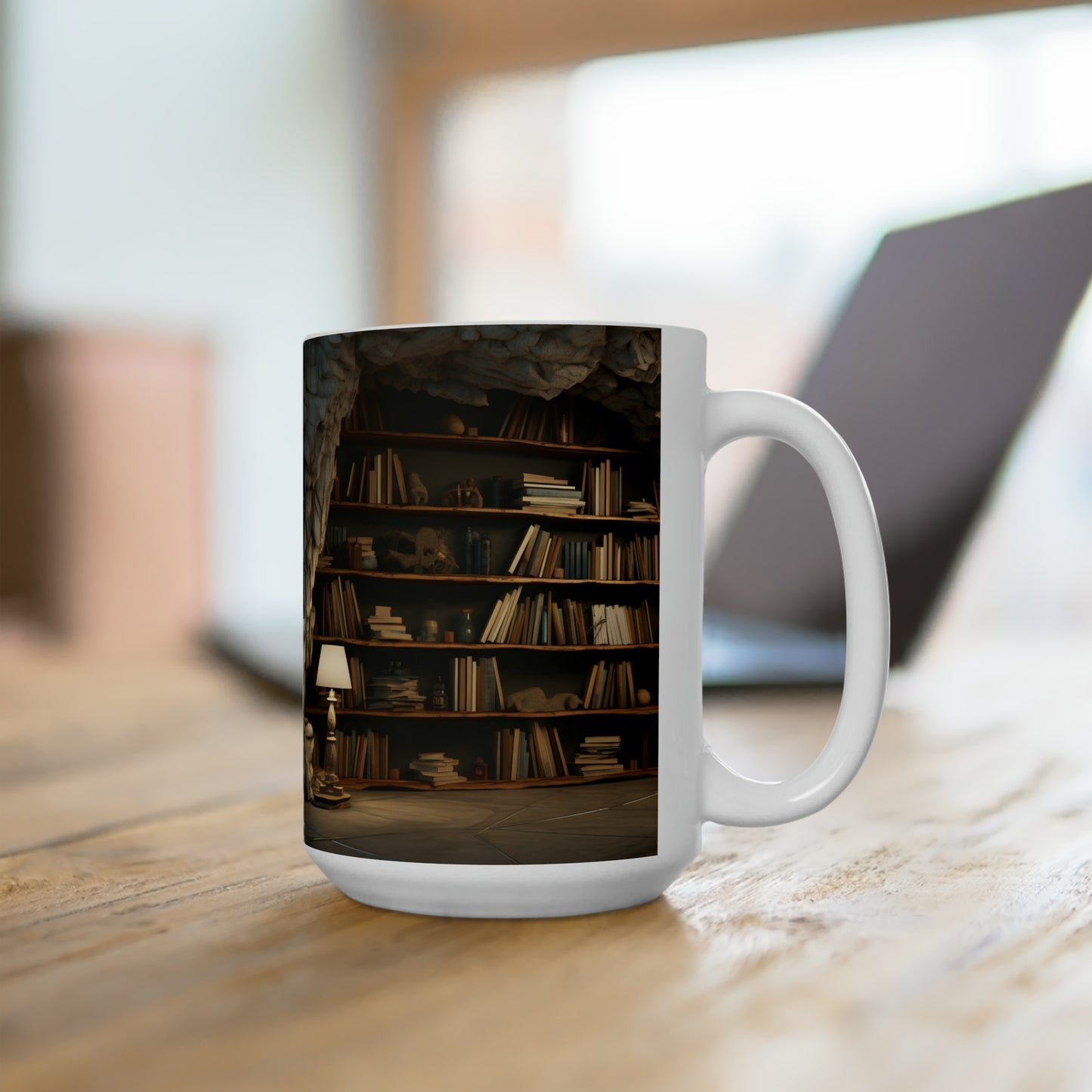 A vintage 3D bookshelf 15oz white Mug
