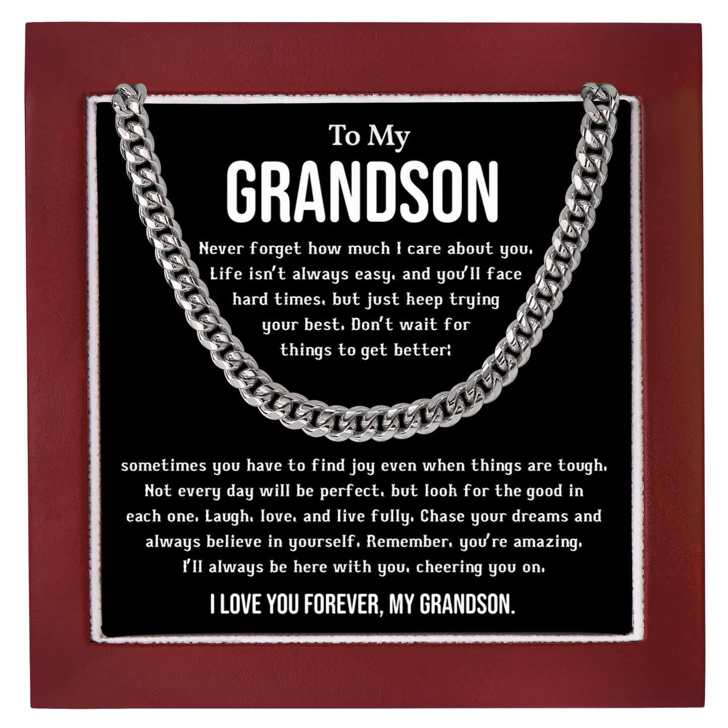 To My Grandson Cuban Link Chain Inspirational Gift from Grandma or Grandpa, Motivational Necklace for Him