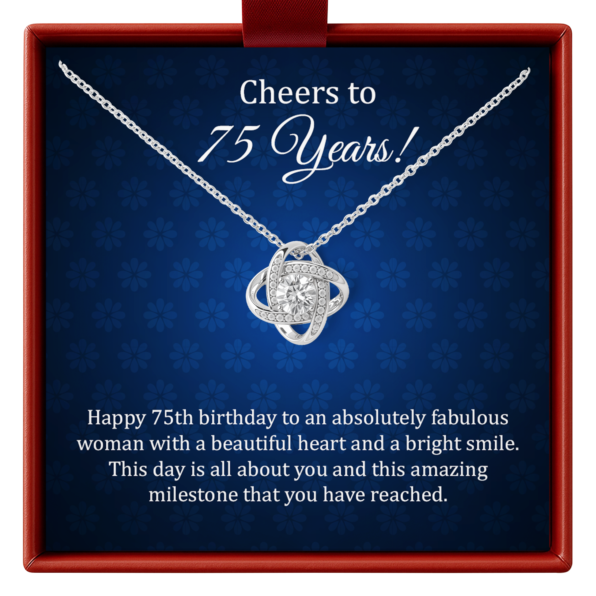 Silver necklace with a heart pendant in a decorative box with birthday message.