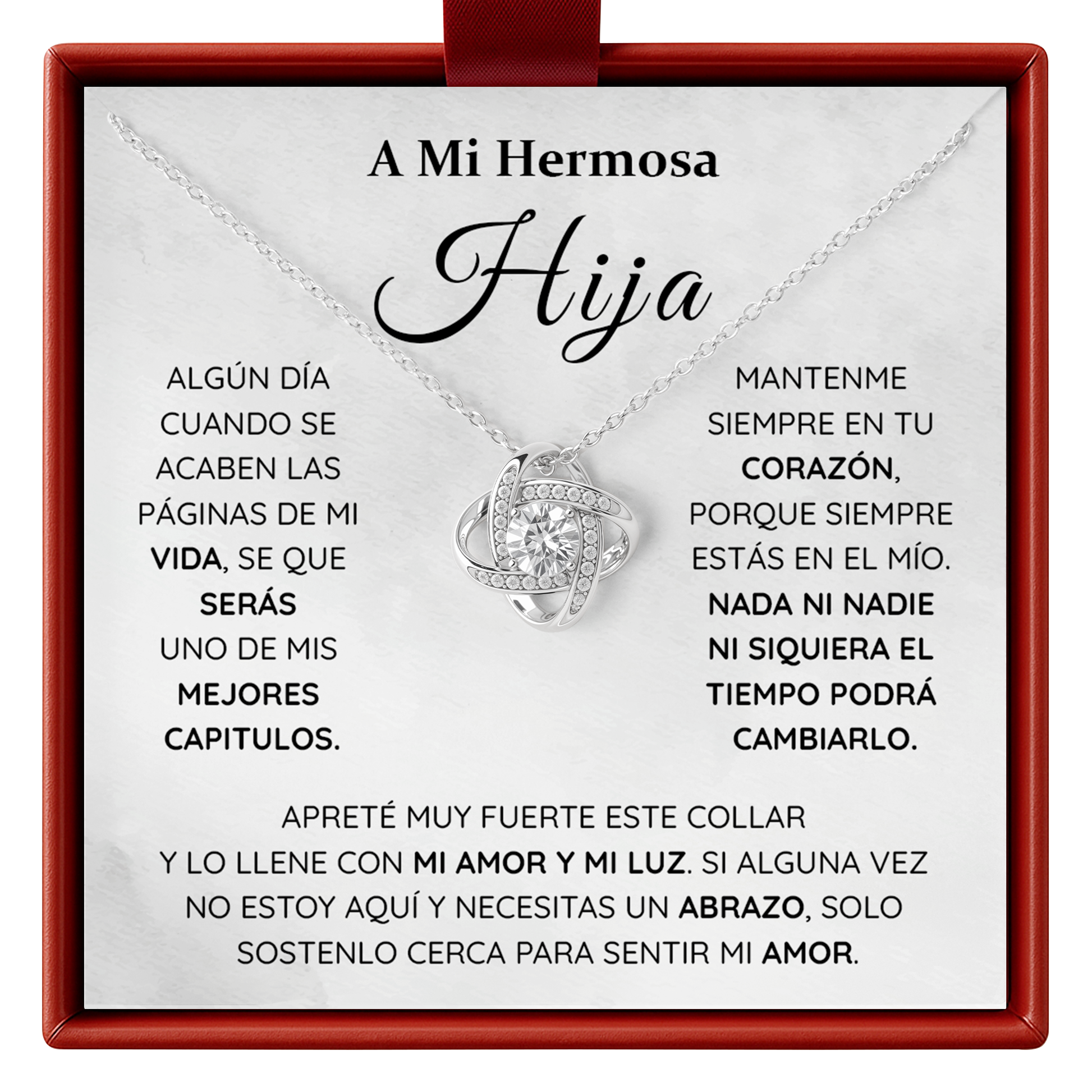 Gift for hija necklace with a heart-shaped pendant in a gift box with Spanish text