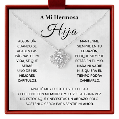 Gift for hija necklace with a heart-shaped pendant in a gift box with Spanish text
