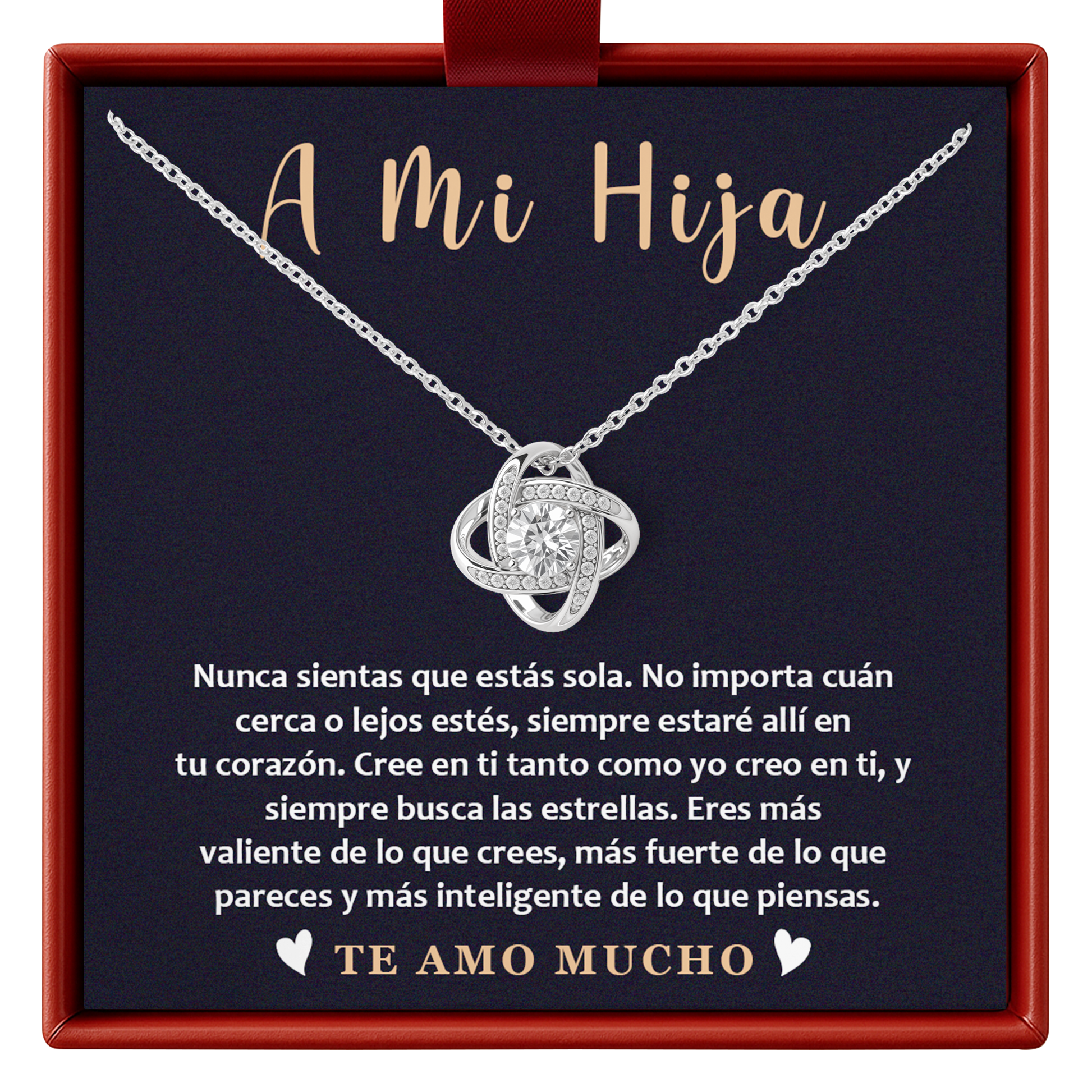 A mi Hija Necklace with a heart-shaped pendant in a gift box with Spanish text