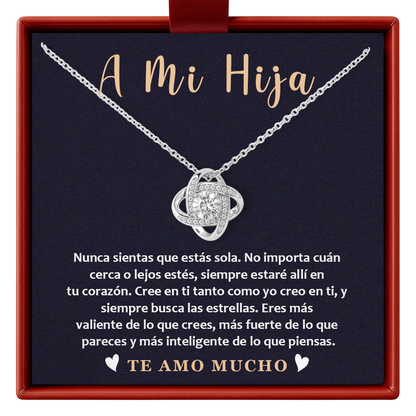 A mi Hija Necklace with a heart-shaped pendant in a gift box with Spanish text