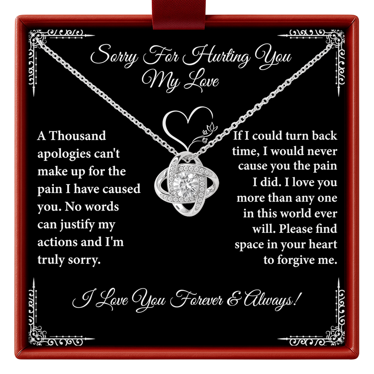 Necklace with heart design on a black background with apology message