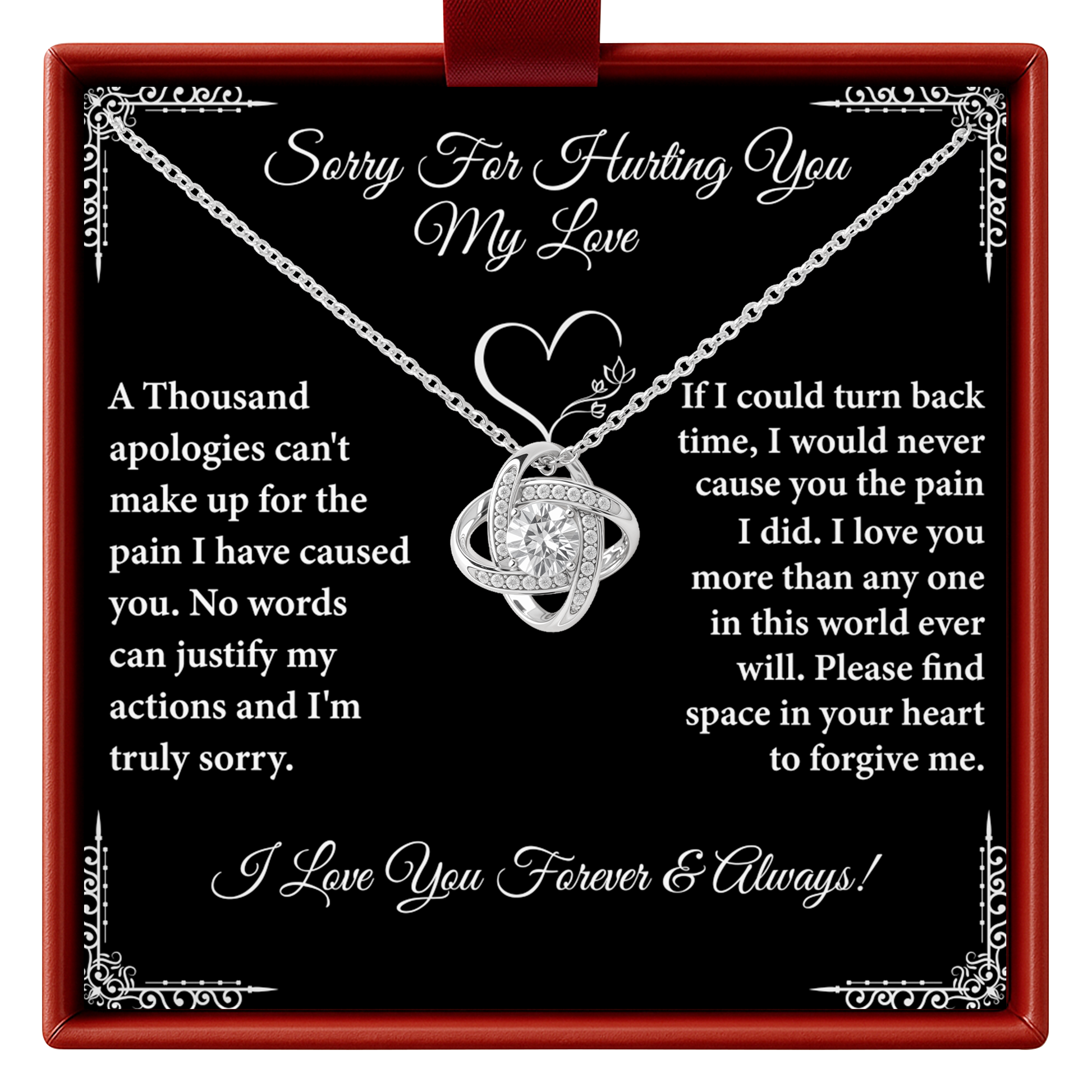 Necklace with heart design on a black background with apology message