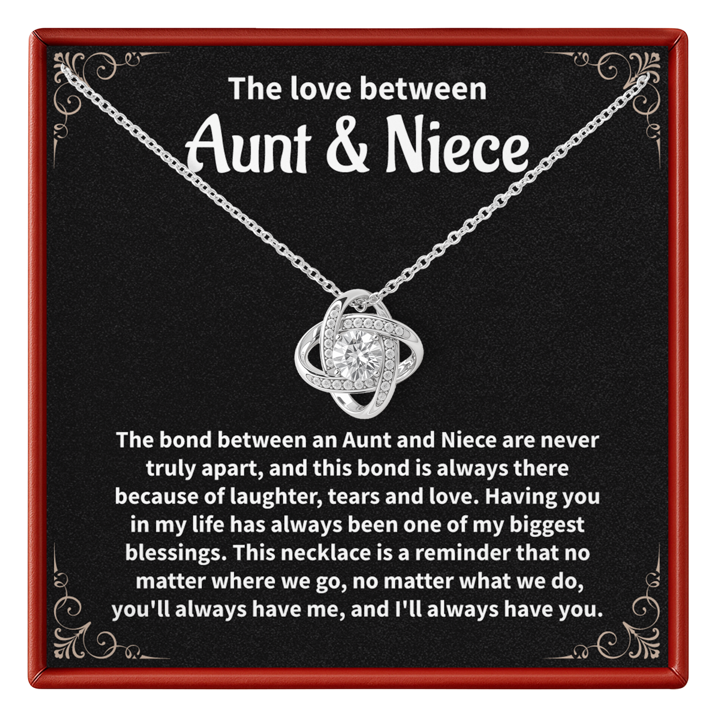Necklace with sentimental message for aunt and niece on a black background