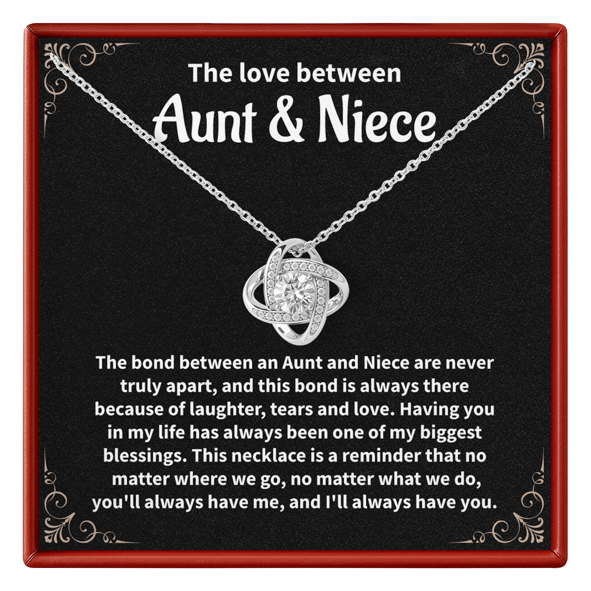 Necklace with sentimental message for aunt and niece on a black background