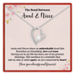 Heart-shaped necklace with a message card about the bond between an aunt and niece.