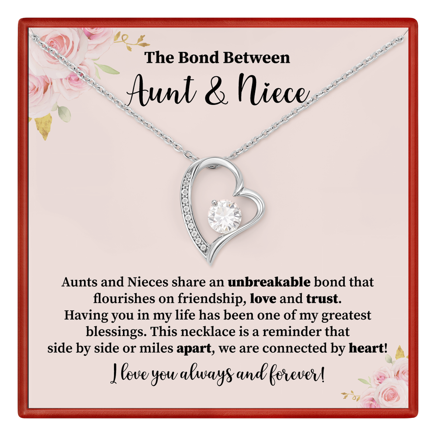 Heart-shaped necklace with a message card about the bond between an aunt and niece.
