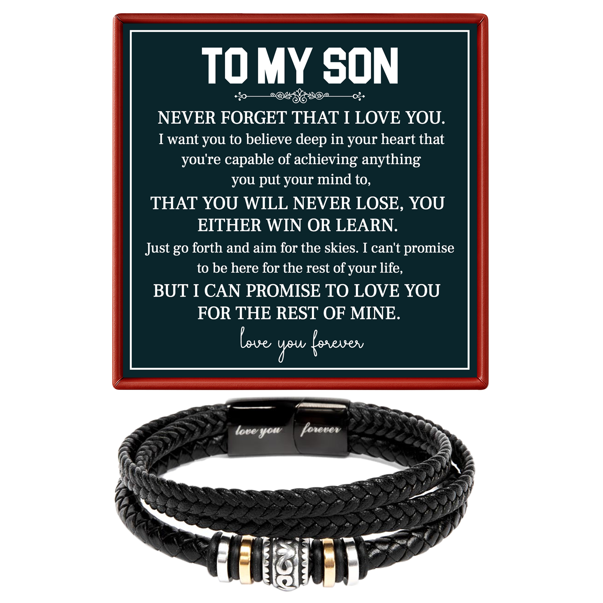 Black braided bracelet with metal charms on a card with text for a son.