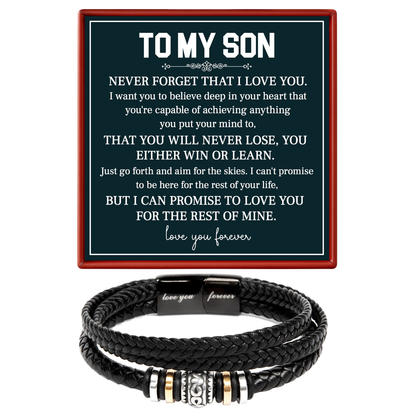 Black braided bracelet with metal charms on a card with text for a son.