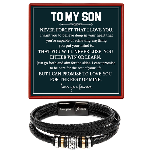 Black braided bracelet with metal charms on a card with text for a son.
