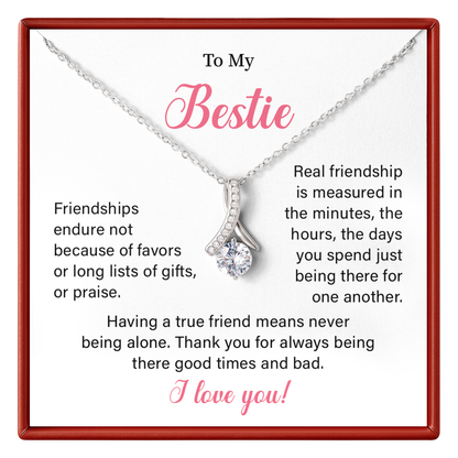 besdtie necklace gift with a message card for a best friend on a white background