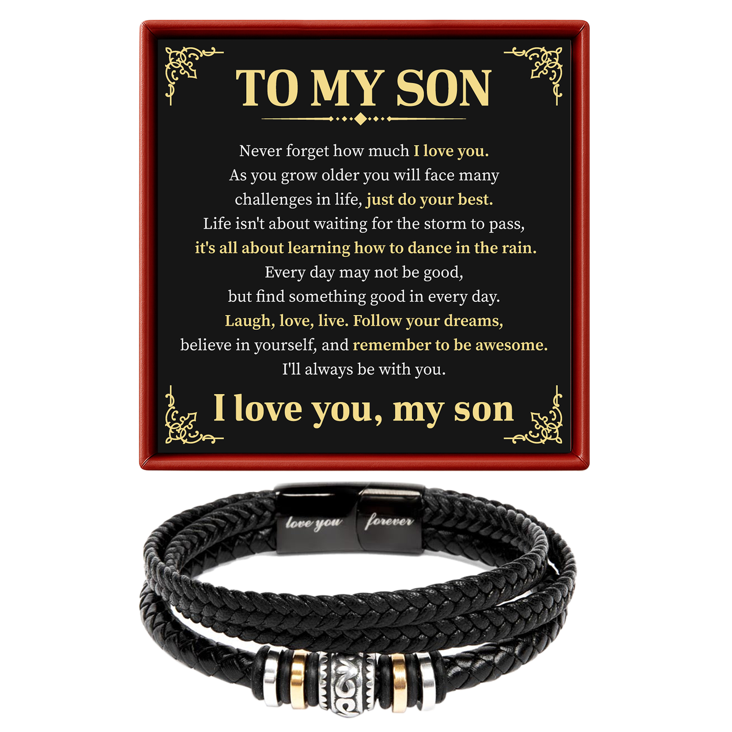 Black braided bracelet with metal charms on a decorative card for a son