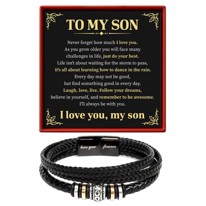 Black braided bracelet with metal charms on a decorative card for a son