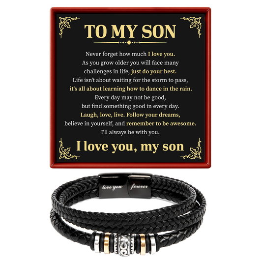 Black braided bracelet with metal charms on a decorative card for a son