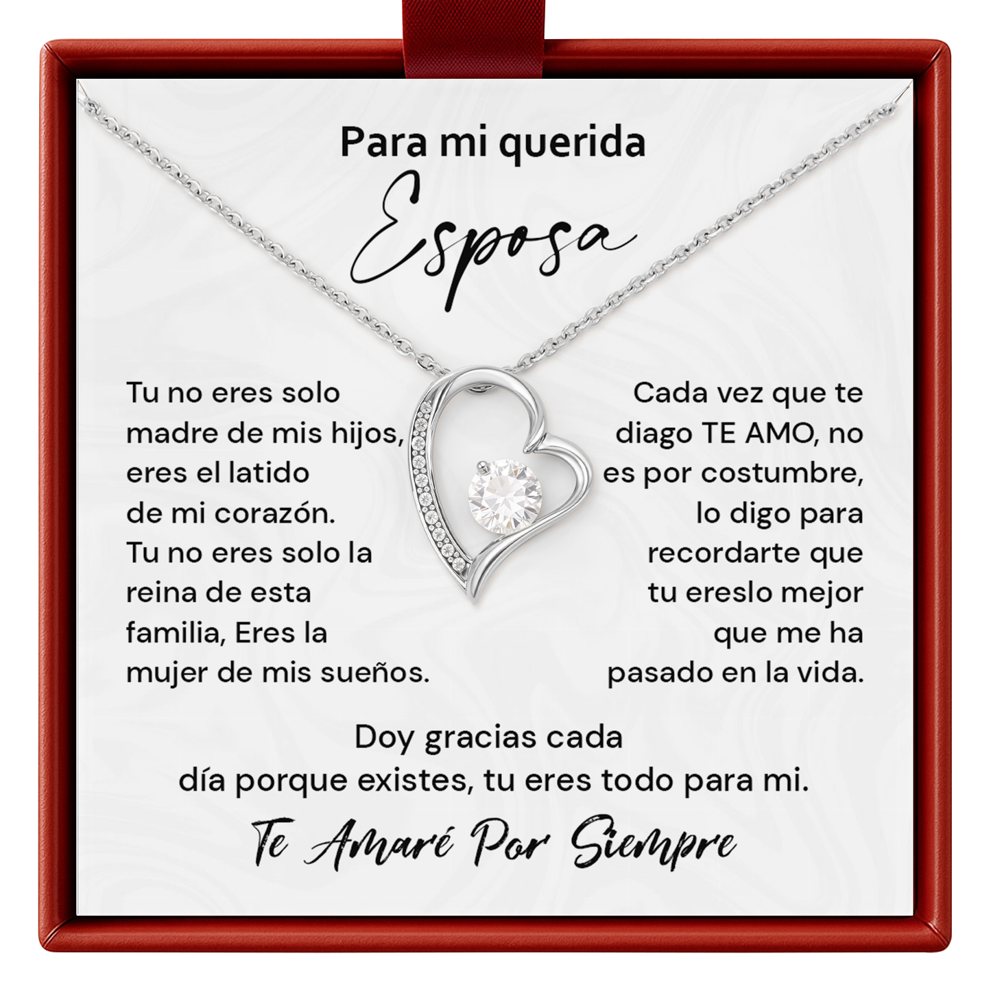 Esposa Heart shaped necklace with sentimental message card in a red box