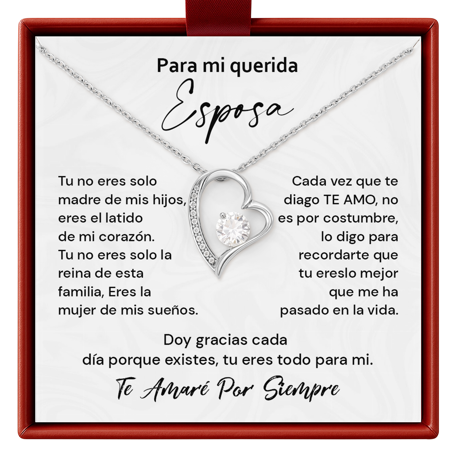 Esposa Heart shaped necklace with sentimental message card in a red box