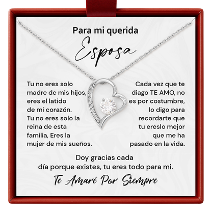 Esposa Heart shaped necklace with sentimental message card in a red box