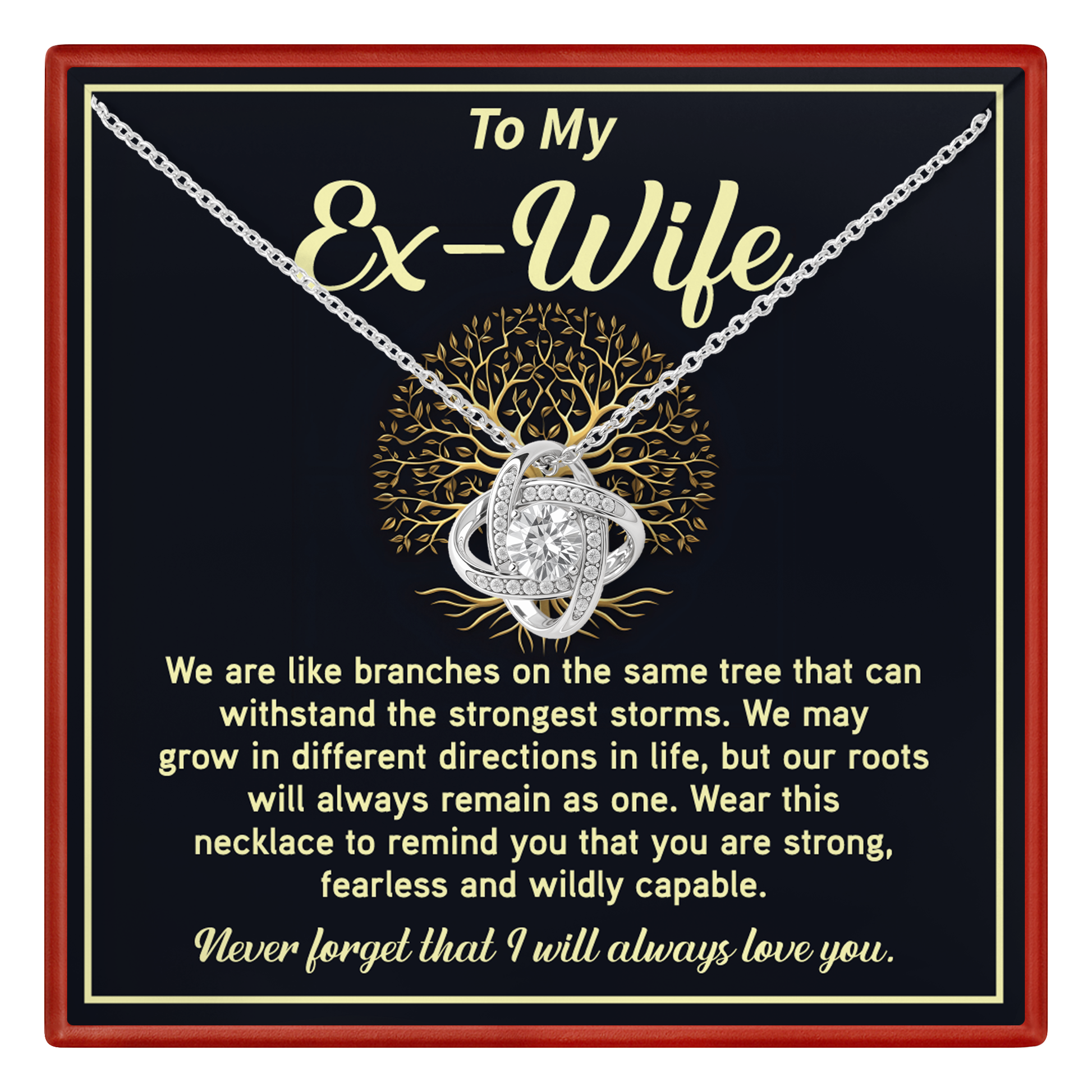 ex wife necklace gift with a sentimental message for an ex-wife on a black background