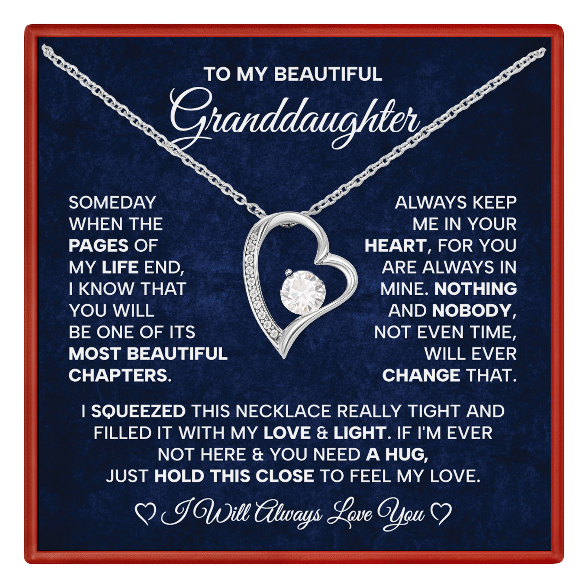 Granddaughter Necklace with heart design on a dark blue background with text